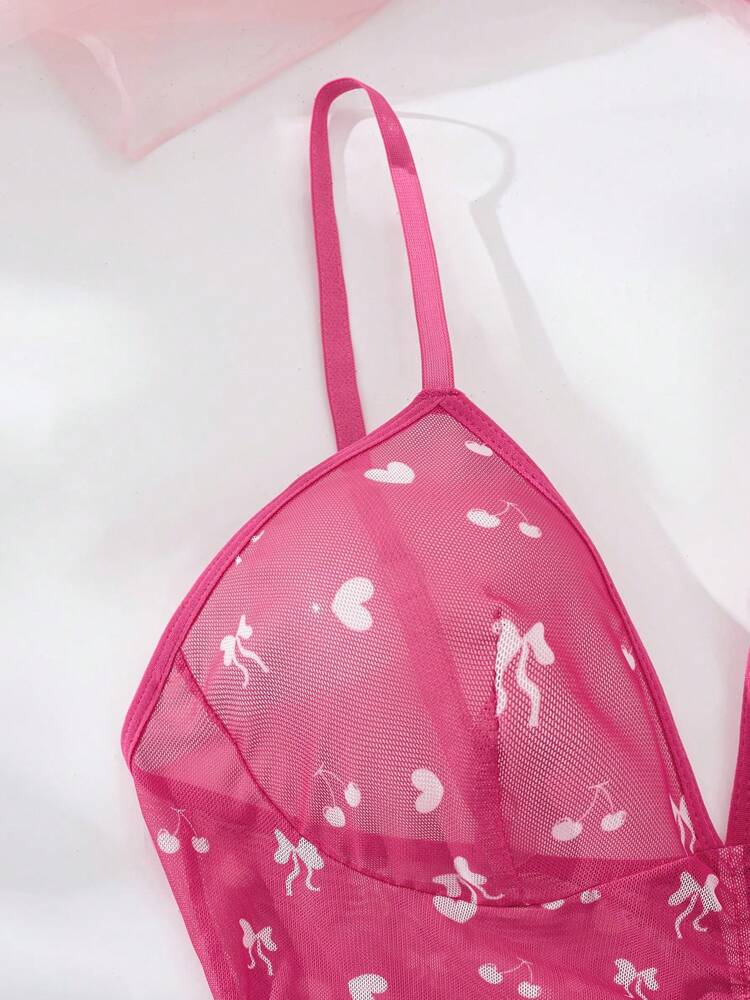 Women's V-Neck Bowknot Cherry Love Digital Printing,Pink Pajamas,Cute Sleep Dress,Tight Fitting Camisole Skirt,Spaghetti Strap,Sheer And Backless,Sun Dresses For Women,Summer Nightgown,Sexy Lingerie,Sexy Lingerie Dress